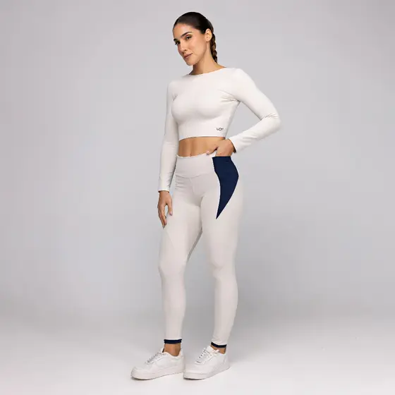 Conjunto Fitness Feminino Academia Top Manga Comprida Costas Aberta e Calça Legging com Bolso Frame