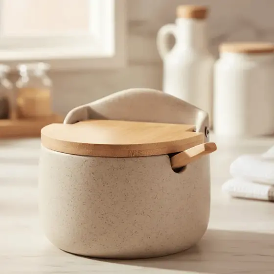 Saleiro de Porcelana Porta Sal com Tampa e Colher de Bambu Grano
