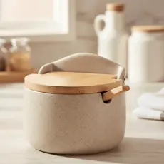 Saleiro de Porcelana Porta Sal com Tampa e Colher de Bambu Grano