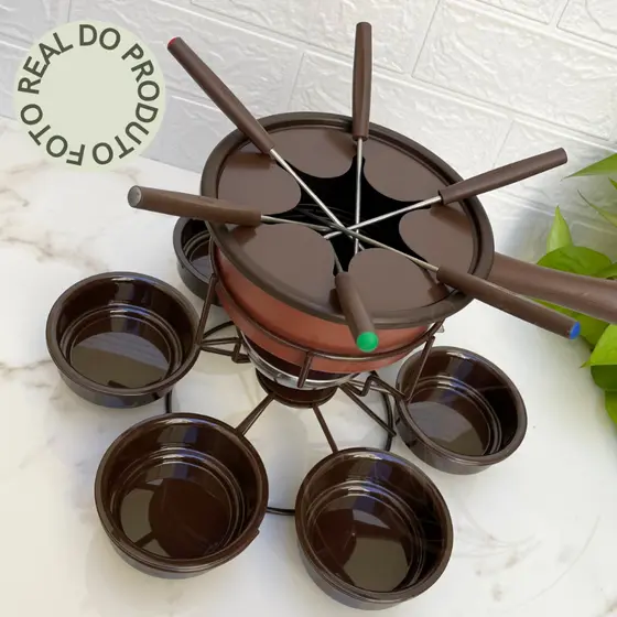 Kit Serviço De Fondue Base Giratoria Viena 16pcs Completo Queijo Chocolate