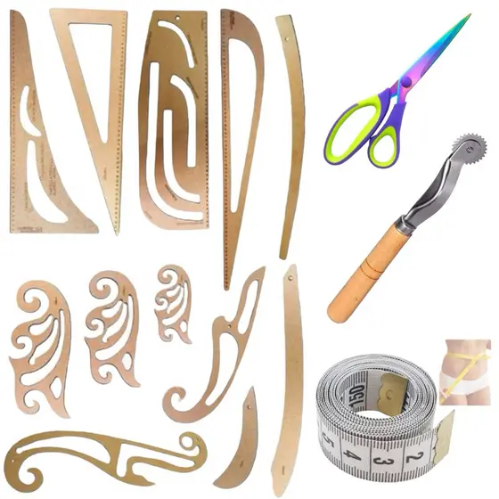 kit Modelagem Costura Profissional 12 réguas Tesoura Titanium fita métrica Carretilha Marcar Tecido