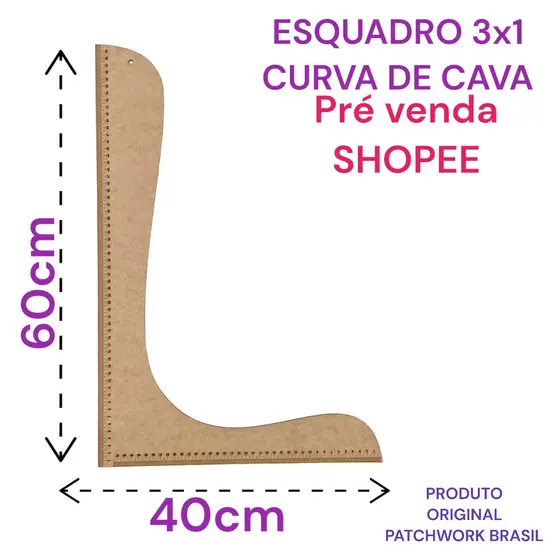 Régua Esquadro Curva De Corte 3 em 1 Com escala 60cm x 40cm E Costura Com Cava Original Patchwork Brasil