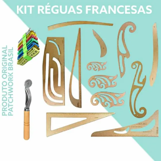 Kit 12 Réguas Francesas mais carretilha modelagem e fita métrica corporal⁷