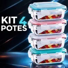 KIT 4 Potes de Vidro Retangular com Tampa Hermética 370ml