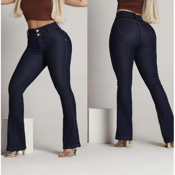 CALÇA FLARE JEANS  CINTURA ELÁSTICA ALTA DUPLO BOTÃO - CALÇA JEANS FEMININA COM LEVANTA BUMBUM