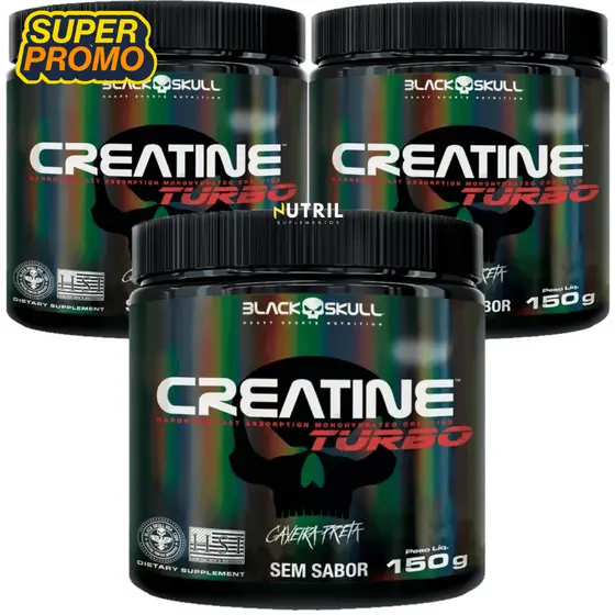 Kit 3x Creatina Monohidratada Creatine Turbo Black Skull 150g - Ganho de Massa Muscular e Energia
