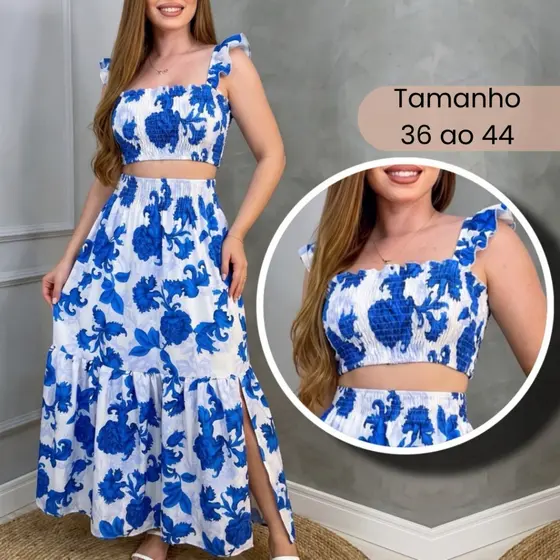 Conjunto Feminino Saia Longa e Cropped Lastex Floral LUXO