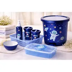 Kit Higiene Bebê Astronauta Azul Quarto Menino 7 Peças Organização Infantil Lixeira Porta Lenços Decoração