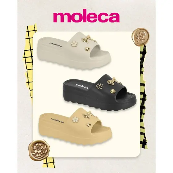 Tamanco moleca feminino plataforma flat leve de EVA confortável slide com broches salto alto com pingentes original