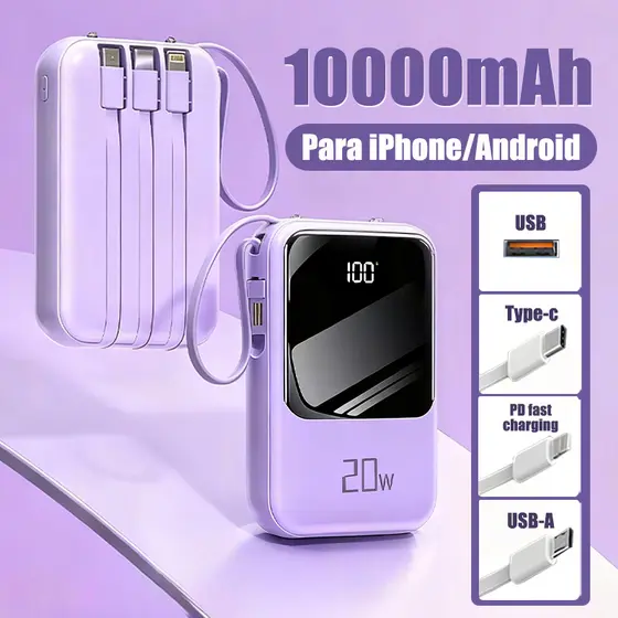 Carregador Portátil Powerbank 10000mAh 4 cables de carga rápida PD para Android e iOS e Lanterna A6