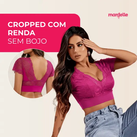 Blusa Top Cropped Rosa Com Renda Decote Costas Nuas Microfibra Mardelle