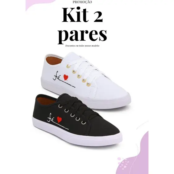 Kit 2 Pares Tênis Feminino Casual Fé Leve e Confortável