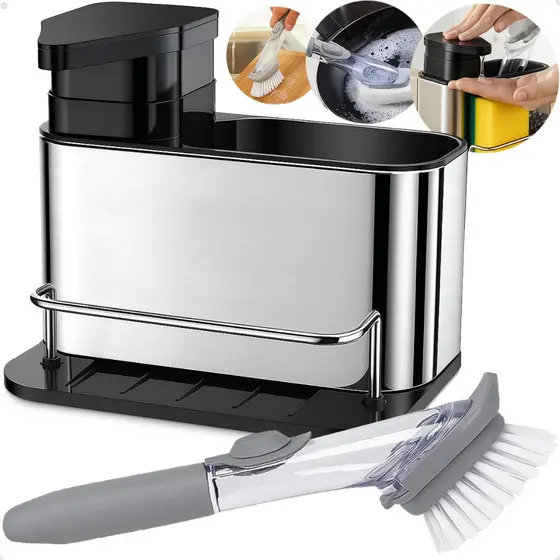 Kit Porta Detergente Aço Inox Dispenser + Escova Porta Detergente Organizador Pia Cozinha