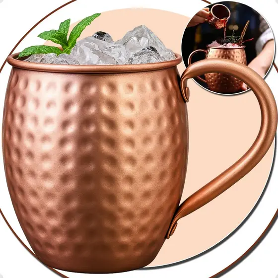 Caneca Moscow Mule Oval Martelada Cobre Inox 450ml Drinks Metalizado Rose Gold Barril Bar Festas