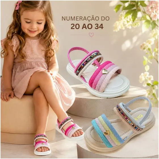 Sandália Infantil Menina Feminina Flat Pink Brilho Colorido Dia das Crianças Confortável Promoção