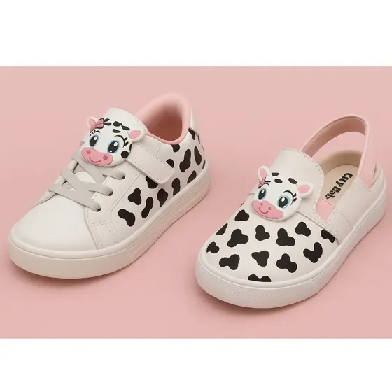 Kit 2 Pares, Tênis Calce Fácil Menina Vaquinha + Babuche Infantil Menina Vaquinha Branco Casual