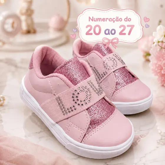 Tênis Infantil Menina Strass Estiloso Brilho Rosa Love Calce Fácil Confortável Promoção Passeio