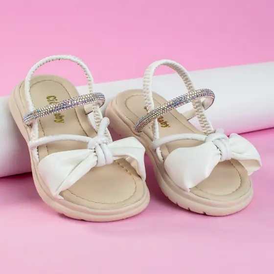 Sandália Infantil Menina Branco Strass Elástico Brilho Dia das Crianças Confortável Verão Laço