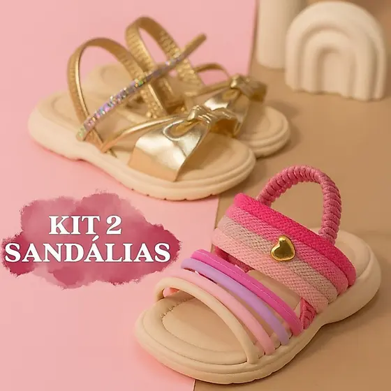 Kit 2 Sandálias Infantil Menina Papete Colorida Tiras Confortável Tratorada Dourada Laço Criança