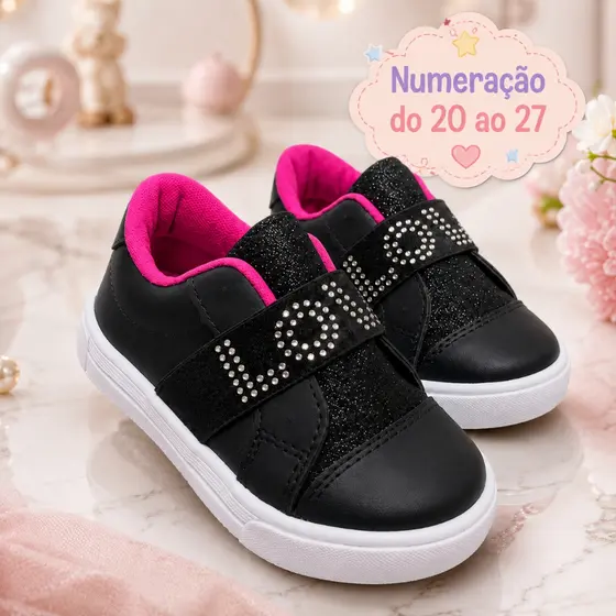 Tênis Infantil Menina Strass Estiloso Brilho Preto Pink Escola Casual Passeio Confortável Promossão