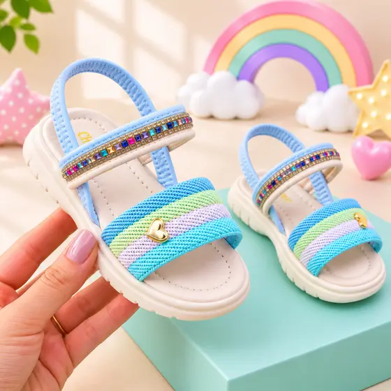 Sandália Infantil Menina Feminina Brilho Strass Colorido Coração Confortável Promoção Calce Fácil