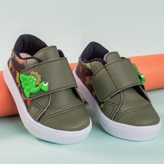 Tênis Infantil Menino Dino Verde Confortável Calce Fácil Dia a Dia Masculino Dinossauro Promoção