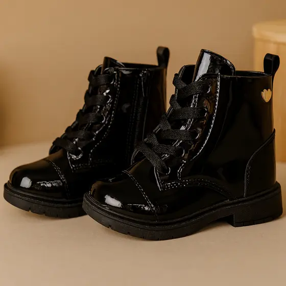 Coturno Infantil Menina Blogueirinha Preto Escolar Bota Feminina Preto Coração Cadarço Confortável