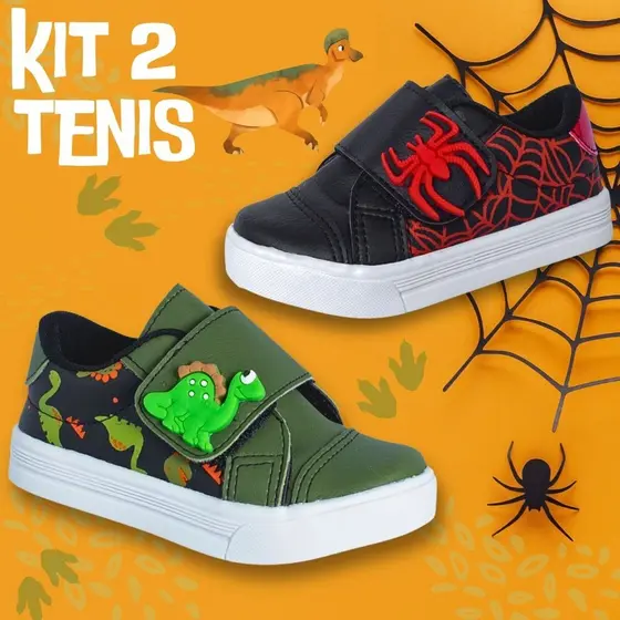 Kit 2 Tênis Infantil Menino Aranha e Dinossauro Confortável para Dia a Dia Promoção Escola Passeio