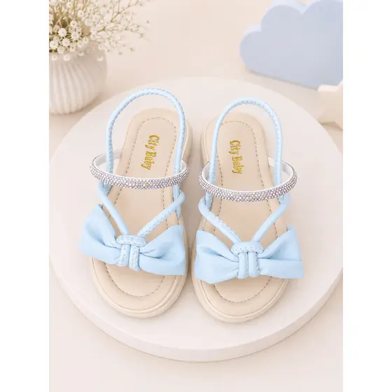 Sandália Infantil Menina Azul BB Strass Elástico Brilho Dia das Crianças Confortável Verão Laço