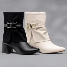 Bota Feminina Shekinah Bico Fino Blogueira Salto Bloco Capa Enfeite Lateral Zíper Moda