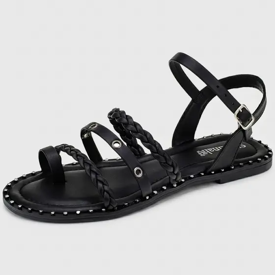Rasteira Feminina Rasteirinha Shekinah Tiras Cravo Tachas Macia Moda Leve Lançamento Trança