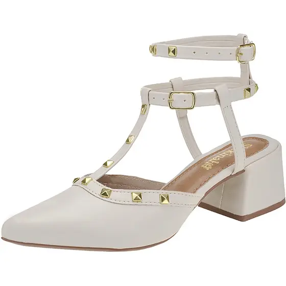 Scarpin Feminino Salto Bloco Shekinah Tiras Tachinhas Douradas Spike Rock Chic Moda Confortável