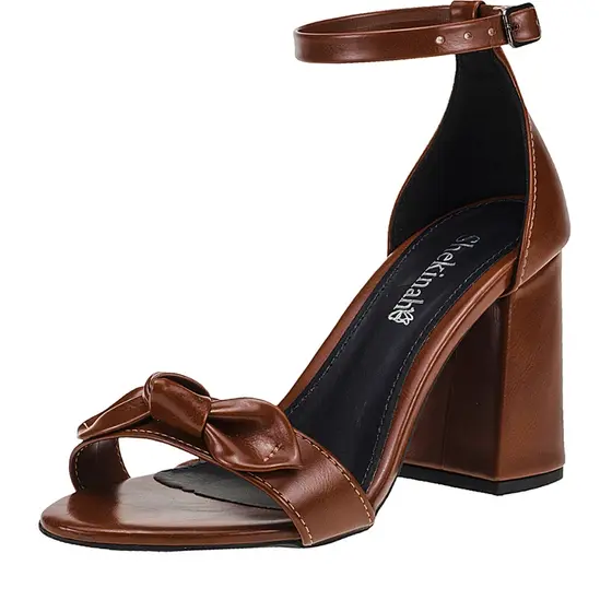 Sandália Feminina Shekinah Salto Alto Bloco Quadrado Detalhe Laçinho Caramelo