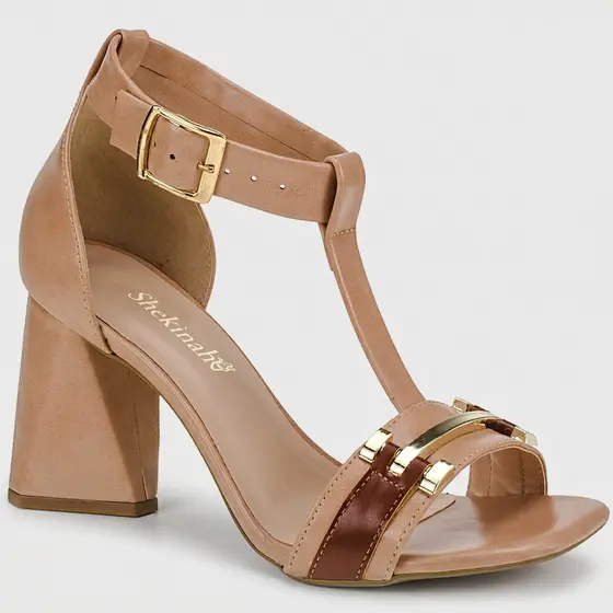 Sandália Feminina Shekinah Salto Geométrico Pregado Fivela Detalhe Dourada Luxo Elegante
