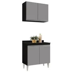Armário Aéreo Califórnia e Balcão Hawai com Tampo 80cm Preto/Cinza - Lumil