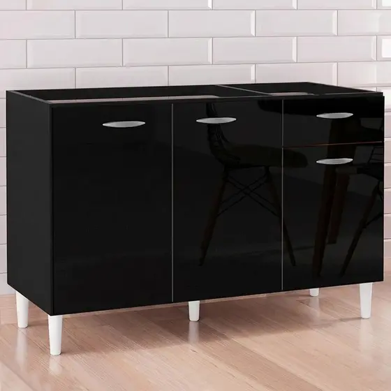 Balcão Gabinete de Pia para Cozinha 120cm 3 Portas Classic P11 Preto - Mpozenato
