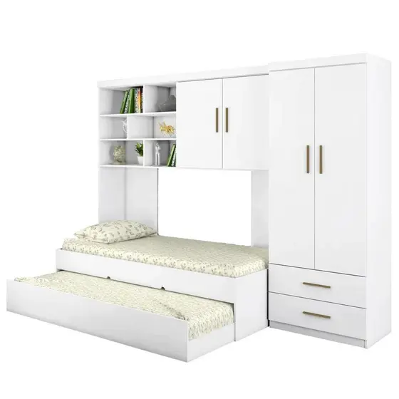 Quarto Infantil Chiara Guarda Roupa e Aéreo 2 Portas com Cama e Auxiliar Branco - Phoenix