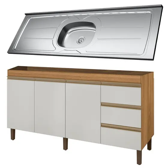 Balcão Gabinete Com Pia 160cm 3 Portas Karen P14 Nature/Off White - Mpozenato