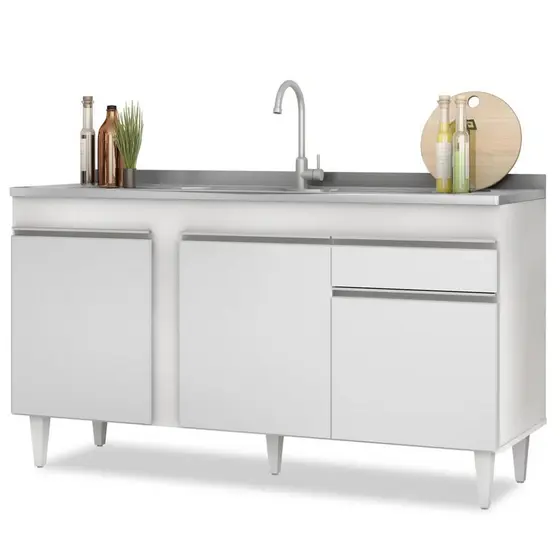 Balcão Gabinete com Pia Inox 150cm 3 Portas 1 Gaveta Dakota Branco - Lumil