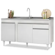 Balcão Gabinete com Pia Inox 150cm 3 Portas 1 Gaveta Dakota Branco - Lumil