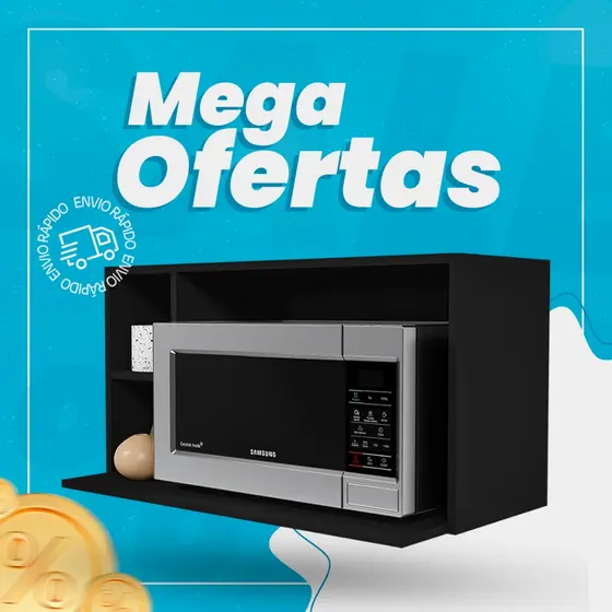 Suporte Microondas Aéreo 81cm com Nicho Adega Miami Preto   - Lumil