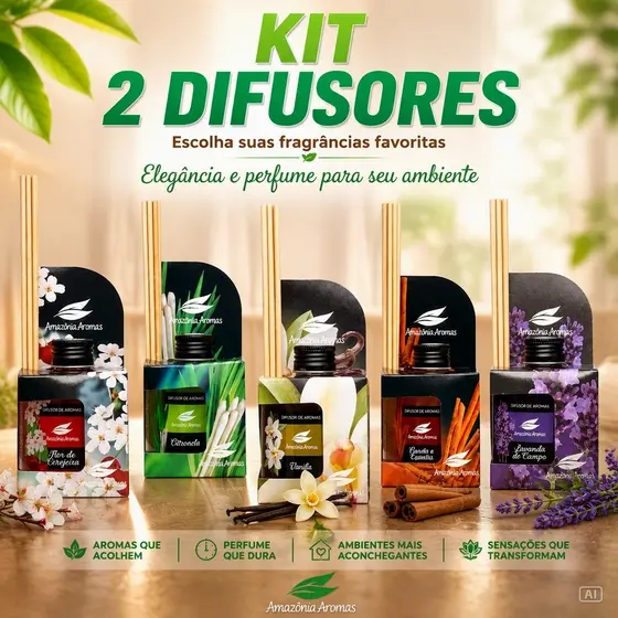 Kit 2 Difusores de Ambiente Amazônia Aromas 270ml com varetas