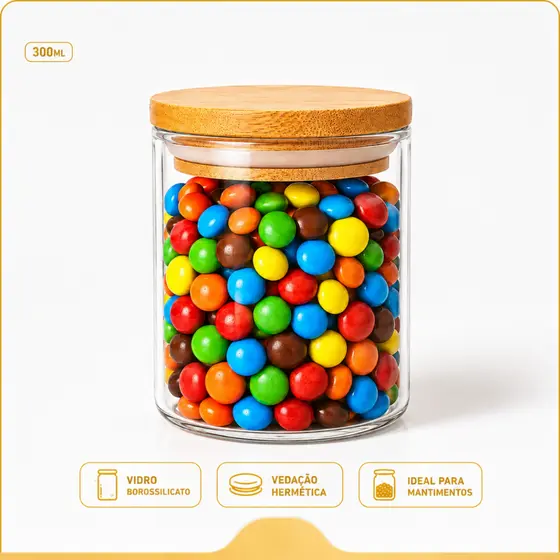 Pote de Vidro Hermético 300ml Tampa de Bambu Organizador Cozinha