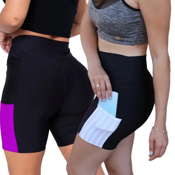 Short Feminino Academia Cintura Alta Suplex Levanta Bumbum Bolso Celular Corrida Bike Legging