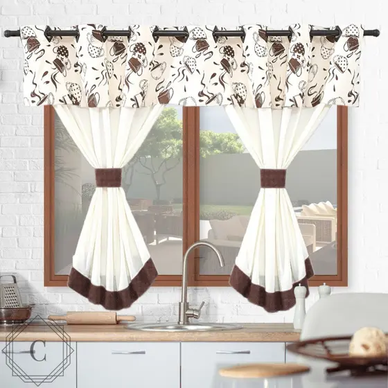 Cortina De Cozinha Moderna Janela  2,60m X 1,40m Para Varão Simples Estampa Cafezinho Bege/Marrom