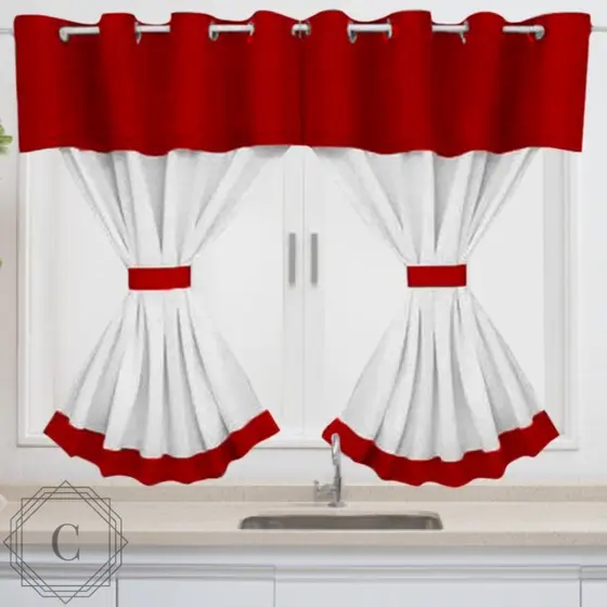 Cortina para Cozinha Varão simples com Bandô 2.00x1.20 m vermelha e branca