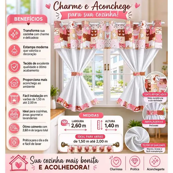 Cortina para Cozinha com Bandô estampado 2,60 x 1.40 Janela
