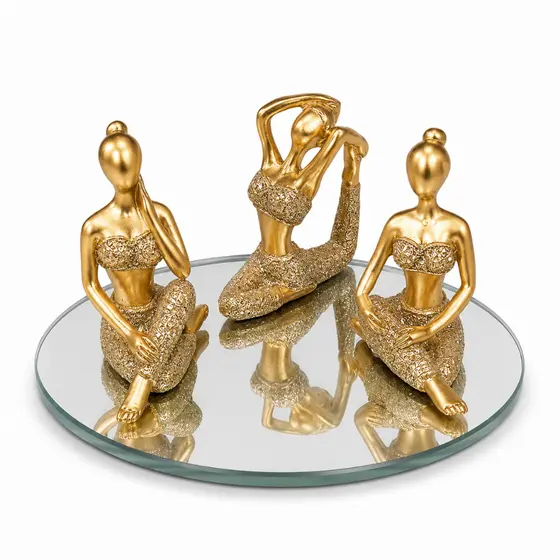Kit C/3 Estátuas Decorativo Posições De Yoga 6cm + Bandeja Espelhada Meditação Enfeite