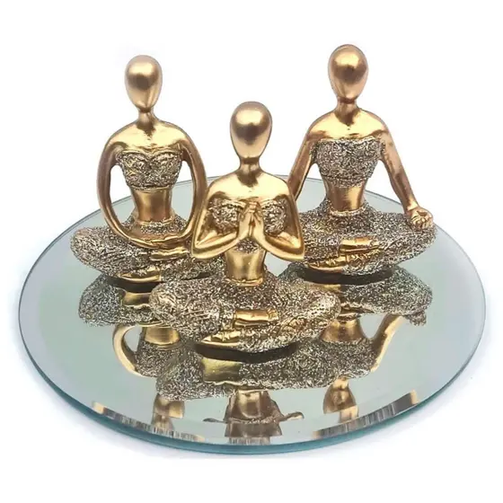 Kit Com 3 Estátuas Enfeite Decorativo Posições De Yoga 6cm + Bandeja Espelhada
