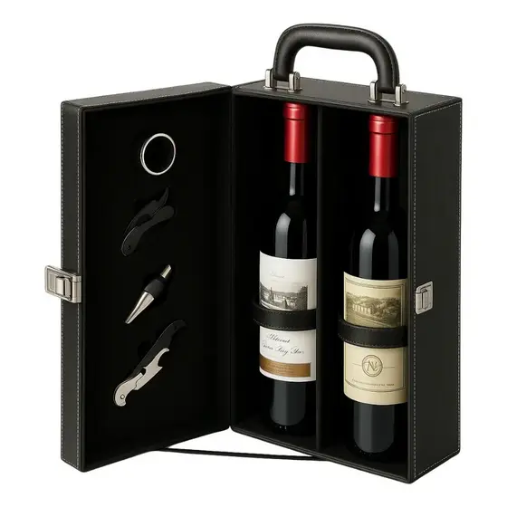 Maleta Luxo De Vinho Couro Ecológico + 4 Peças P/ 2 Garrafas